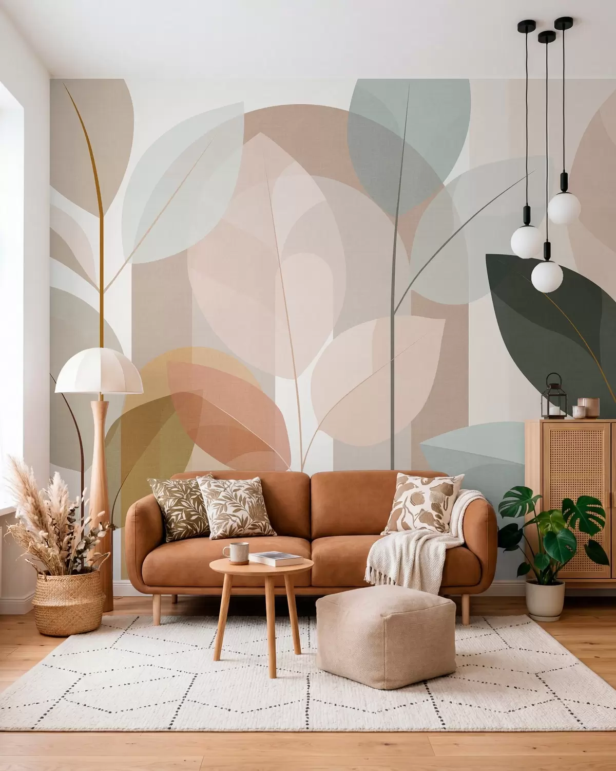 fototapet un model abstract cu frunze, realizat într-un stil de țesătură mată, în nuanțe de bej, teracotă și piersică w05986