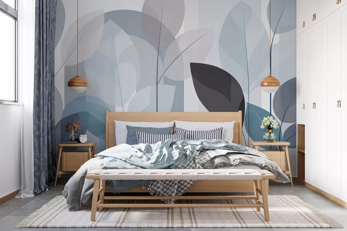 fototapet un model abstract cu frunze, realizat într-un stil de țesătură mată, în nuanțe de albastru w05986v2