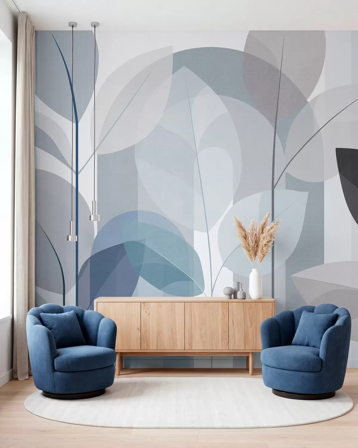 fototapet un model abstract cu frunze, realizat într-un stil de țesătură mată, în nuanțe de albastru w05986v2