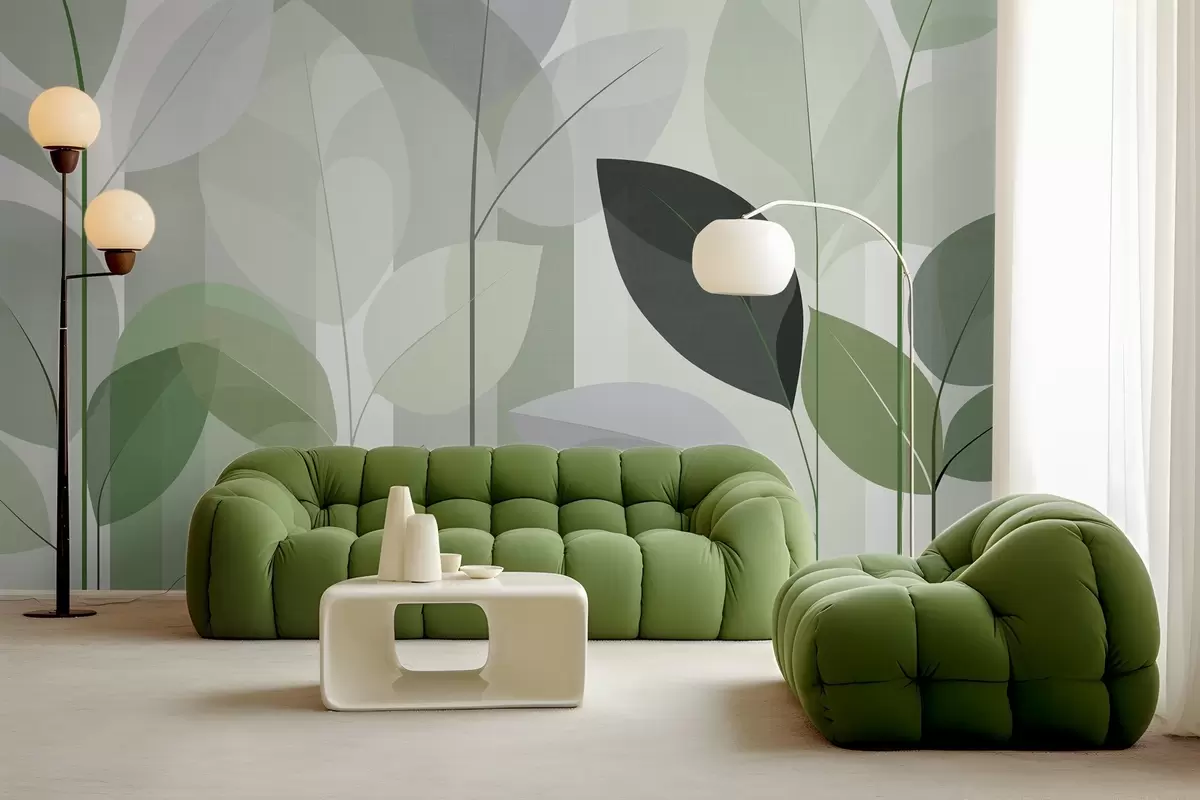 fototapet un model abstract cu frunze, realizat într-un stil de țesătură mată, în nuanțe de verde w05986v1