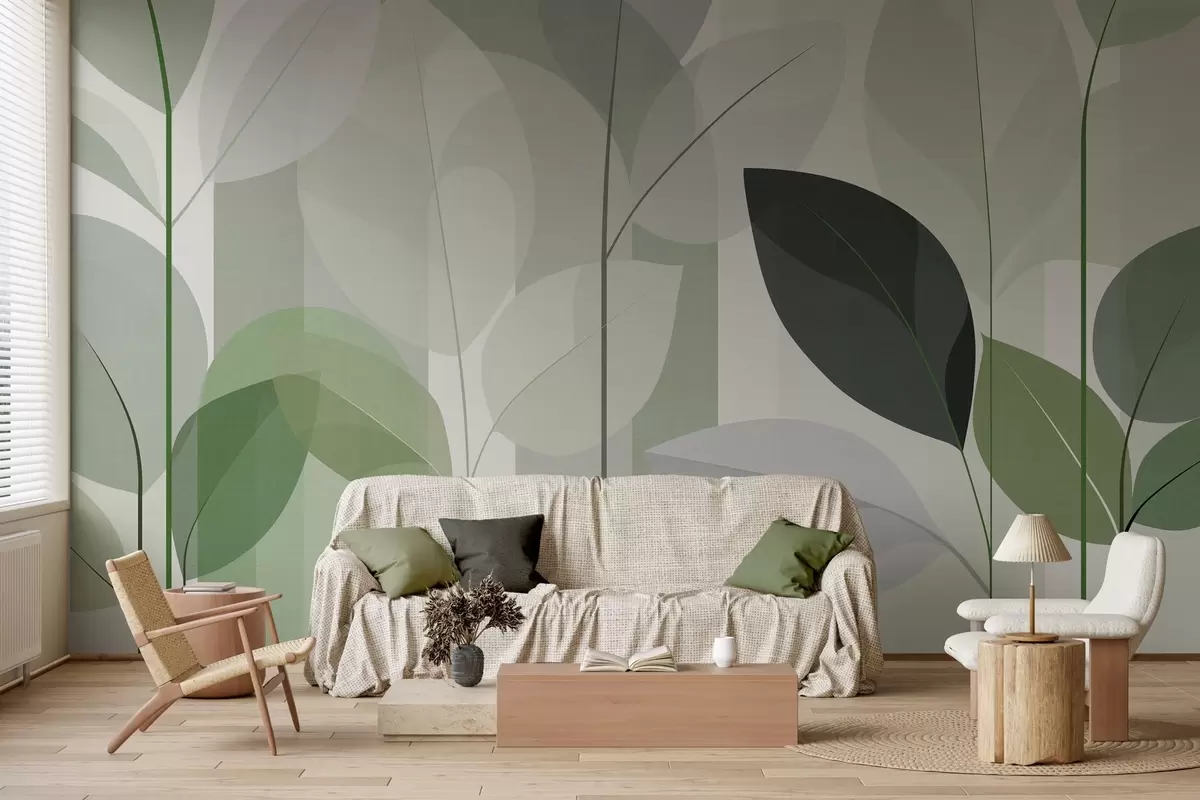 fototapet un model abstract cu frunze, realizat într-un stil de țesătură mată, în nuanțe de verde w05986v1
