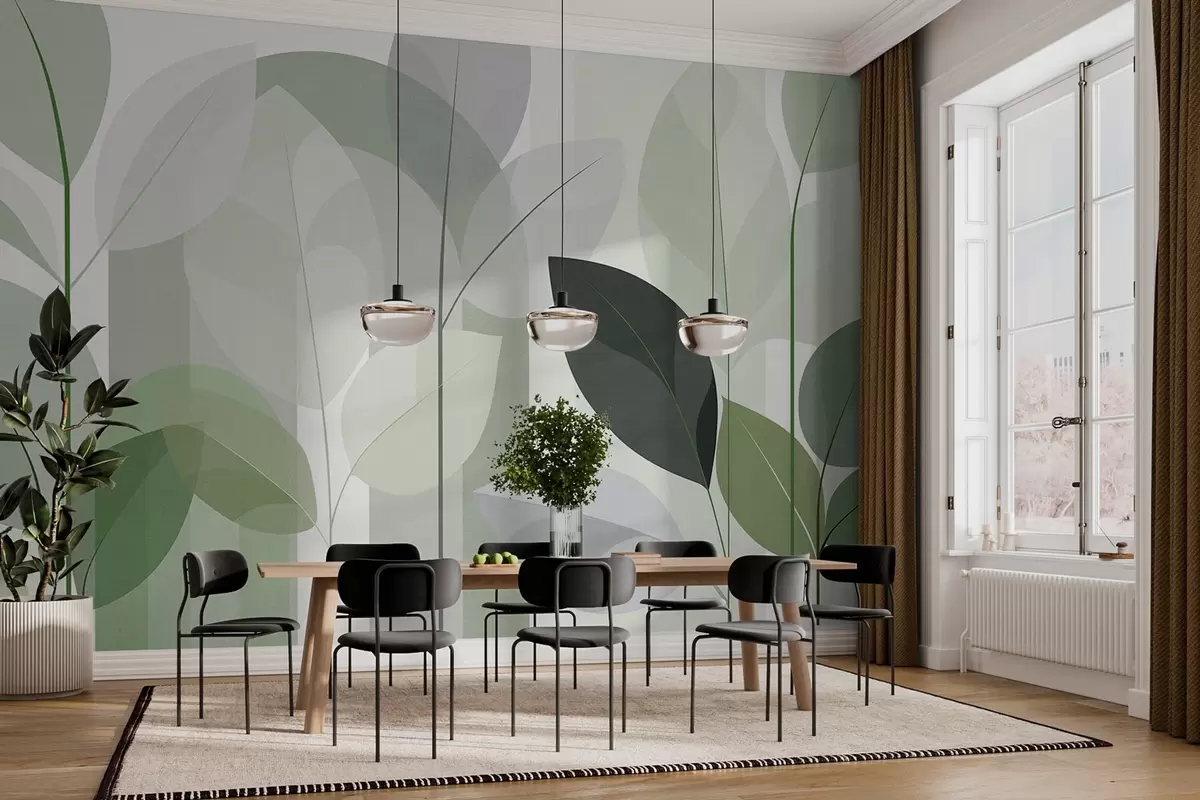 fototapet un model abstract cu frunze, realizat într-un stil de țesătură mată, în nuanțe de verde w05986v1