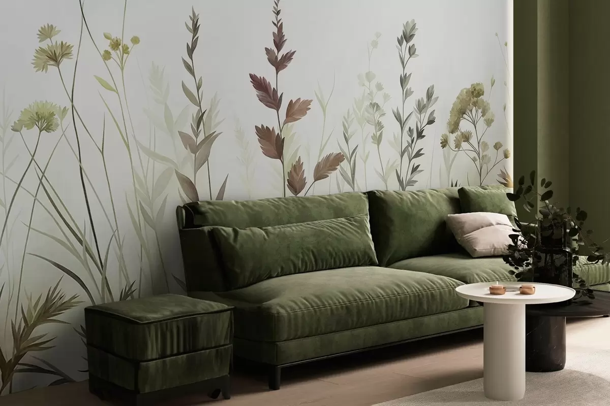 fototapet Ierburi înalte sălbatice și flori sălbatice în nuanțe discrete de verde, estetică minimalistă w10084v1