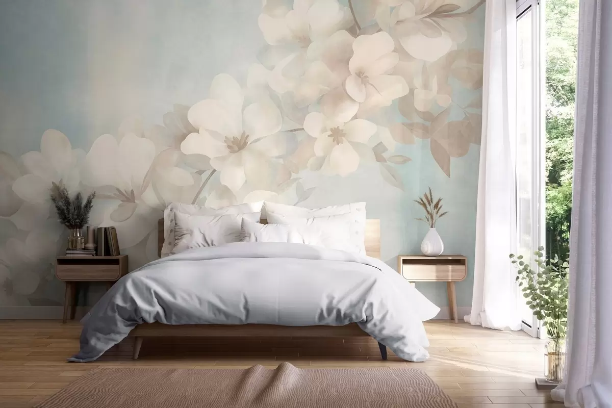 fototapet Flori albe pe o ramură, culori pastelate delicate, fundal texturat de un albastru deschis w10107