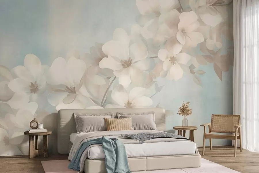 fototapet Flori albe pe o ramură, culori pastelate delicate, fundal texturat de un albastru deschis w10107