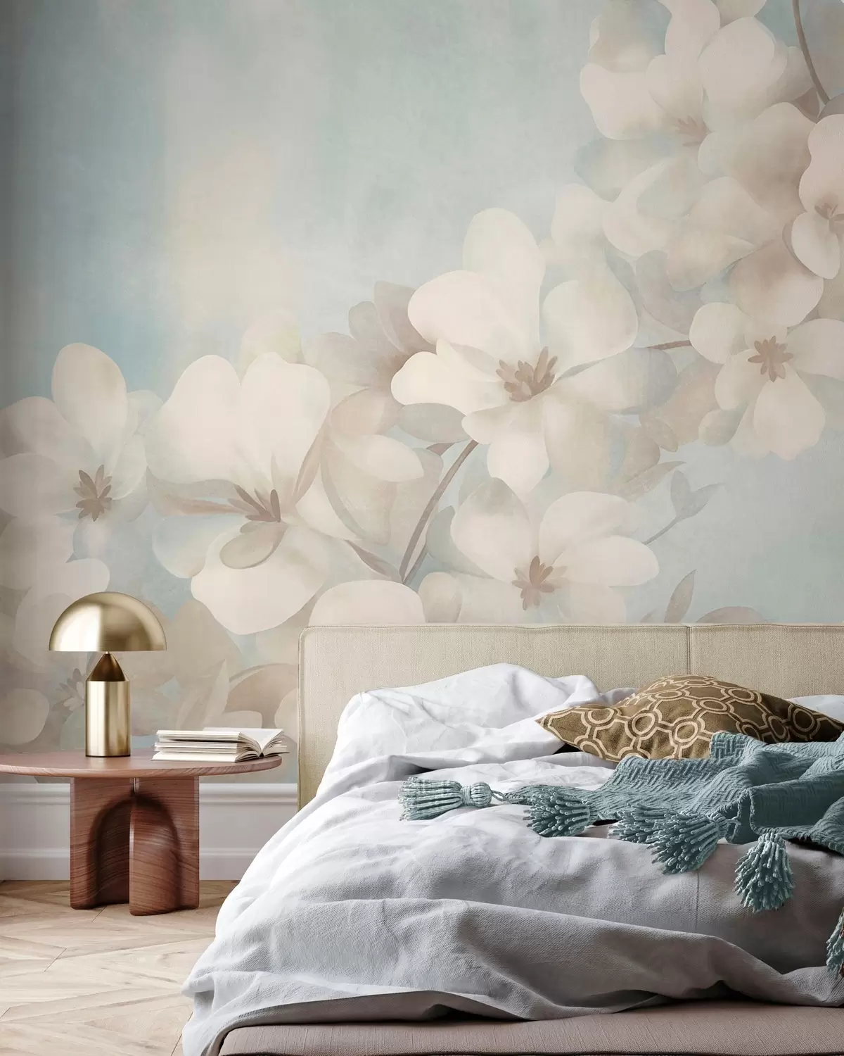 fototapet Flori albe pe o ramură, culori pastelate delicate, fundal texturat de un albastru deschis w10107
