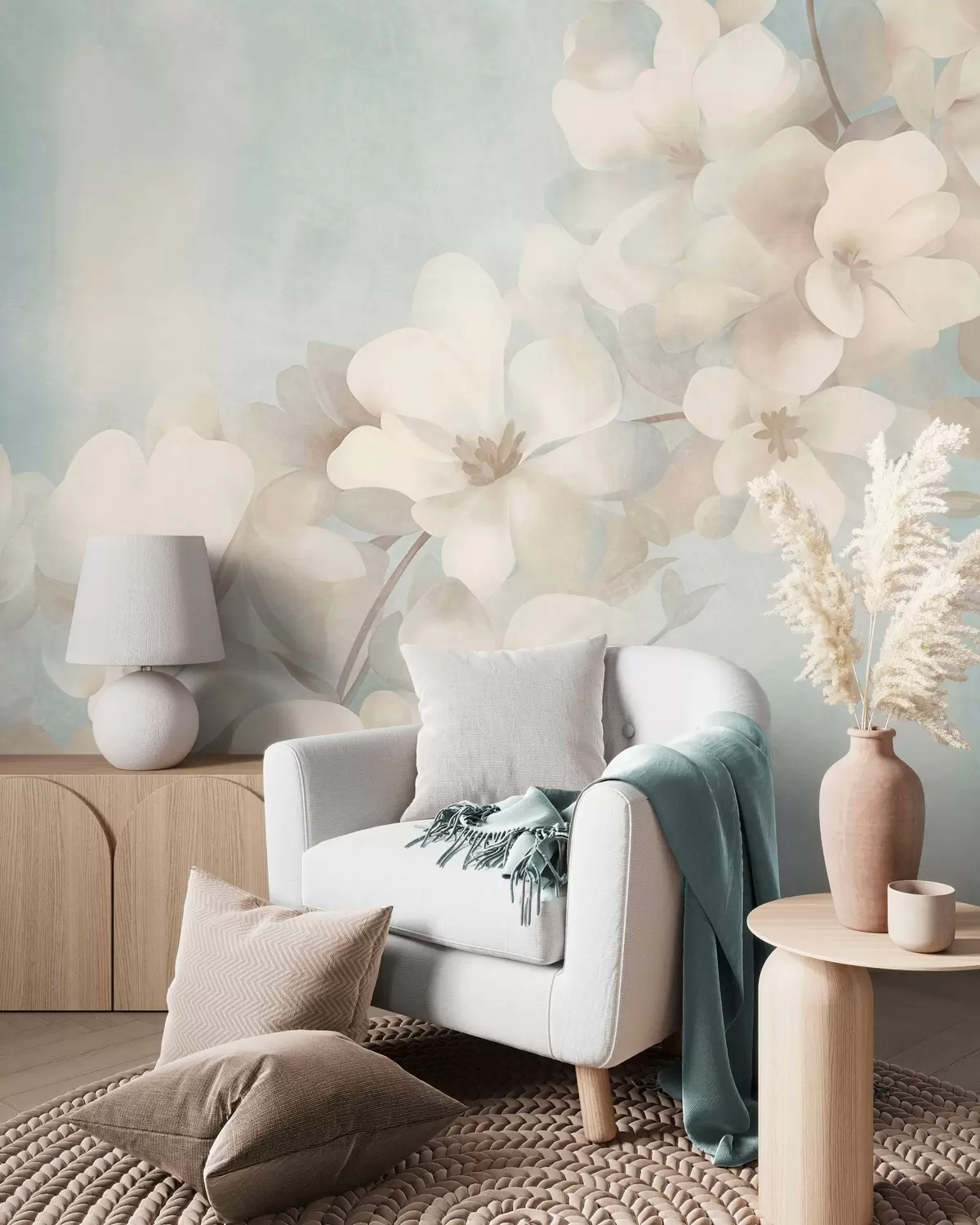 fototapet Flori albe pe o ramură, culori pastelate delicate, fundal texturat de un albastru deschis w10107
