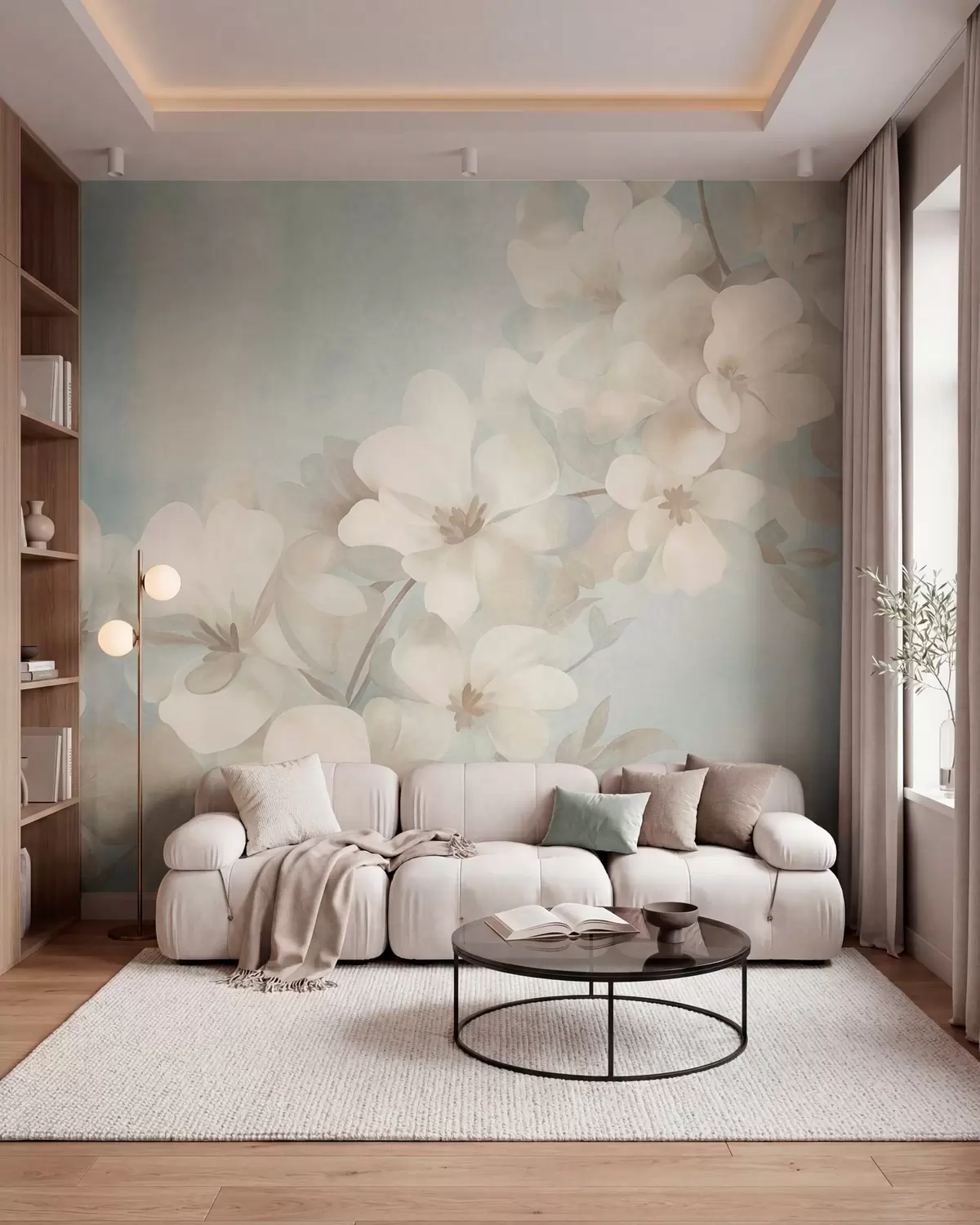 fototapet Flori albe pe o ramură, culori pastelate delicate, fundal texturat de un albastru deschis w10107