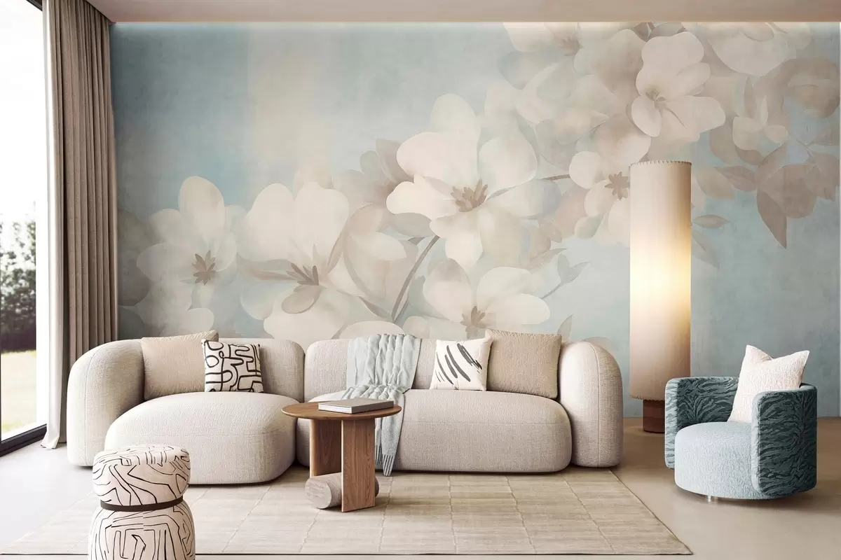 fototapet Flori albe pe o ramură, culori pastelate delicate, fundal texturat de un albastru deschis w10107
