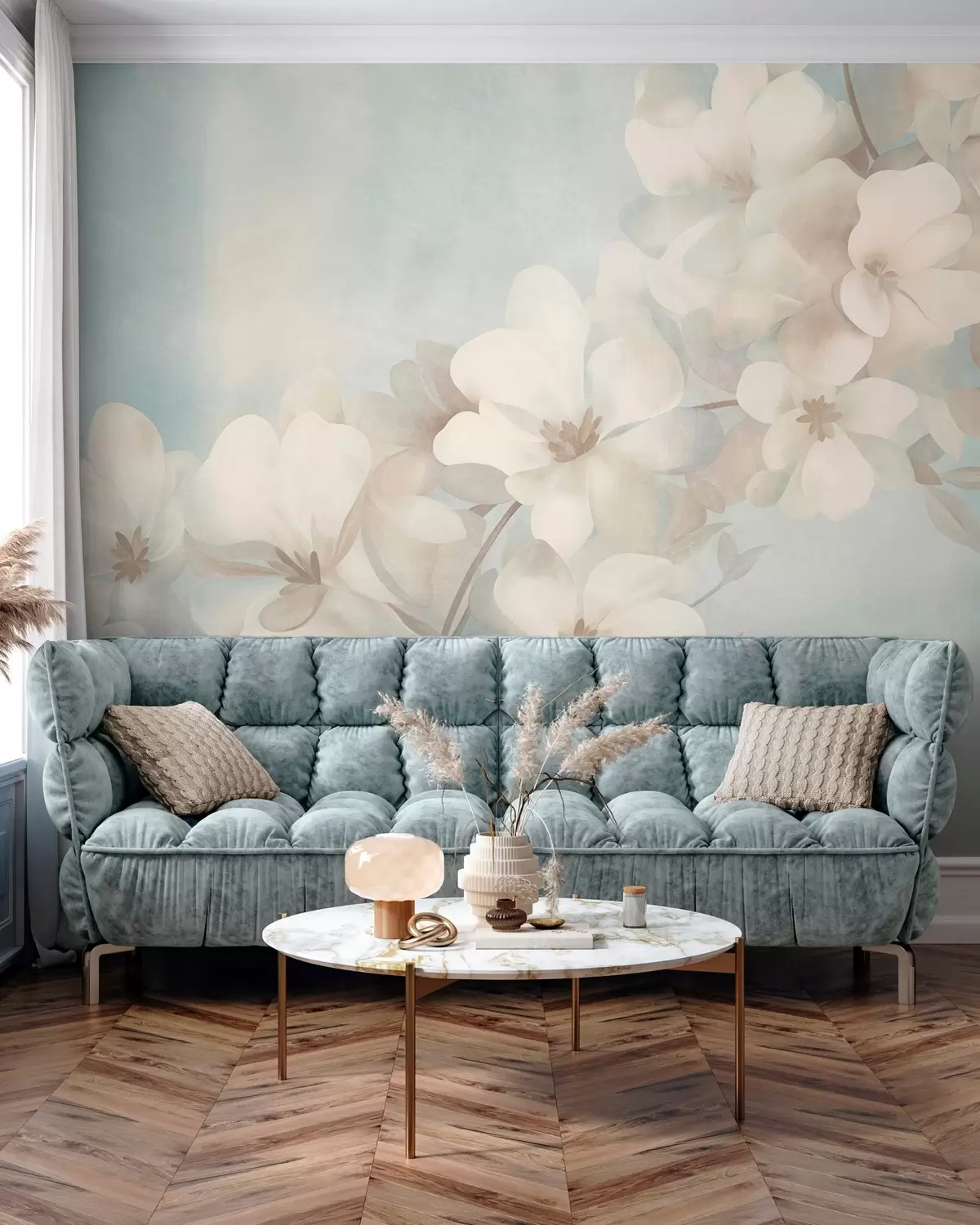 fototapet Flori albe pe o ramură, culori pastelate delicate, fundal texturat de un albastru deschis w10107