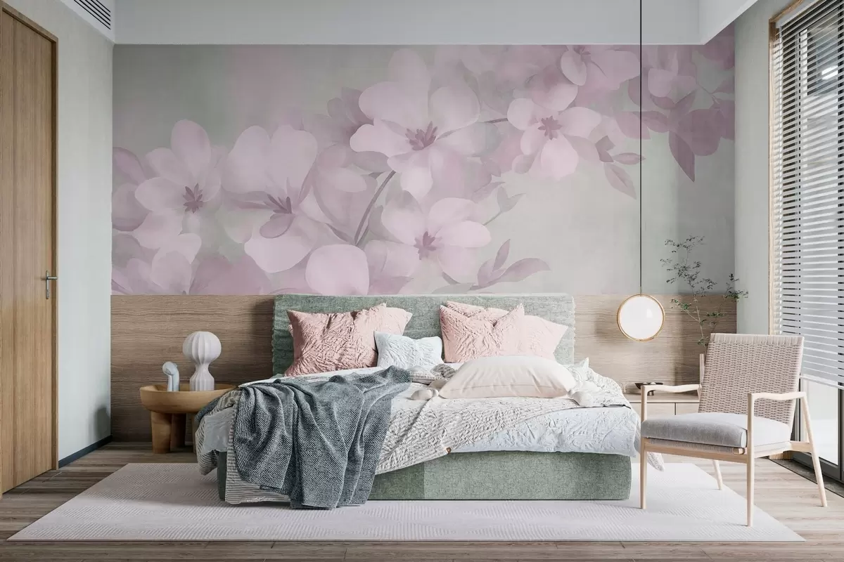 fototapet Flori albe pe o ramură, culori pastelate delicate, fundal texturat de un verde deschis w10107v1