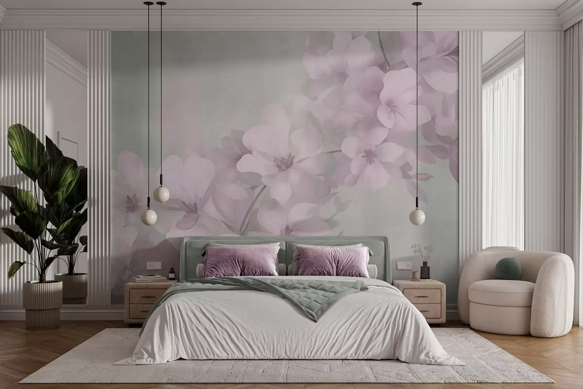fototapet Flori albe pe o ramură, culori pastelate delicate, fundal texturat de un verde deschis w10107v1