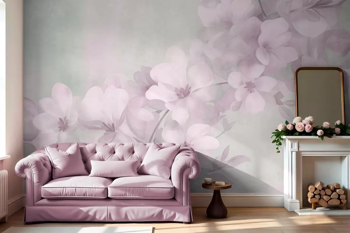 fototapet Flori albe pe o ramură, culori pastelate delicate, fundal texturat de un verde deschis w10107v1