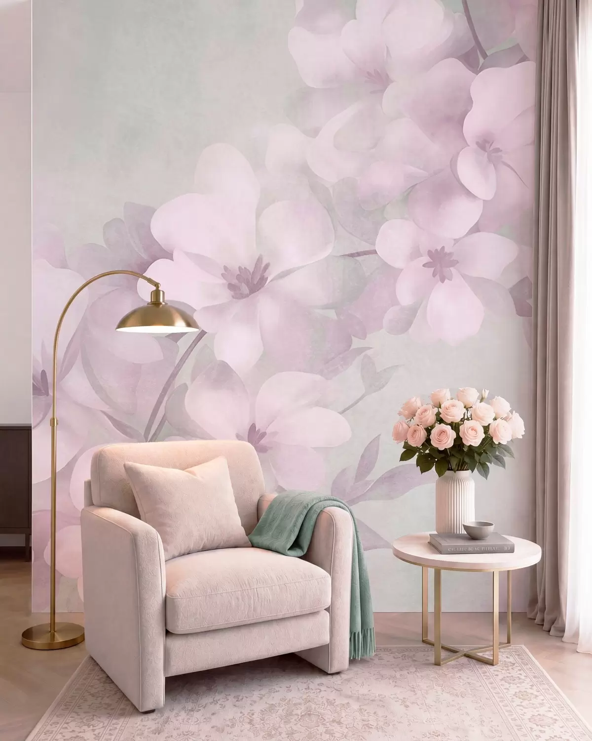 fototapet Flori albe pe o ramură, culori pastelate delicate, fundal texturat de un verde deschis w10107v1
