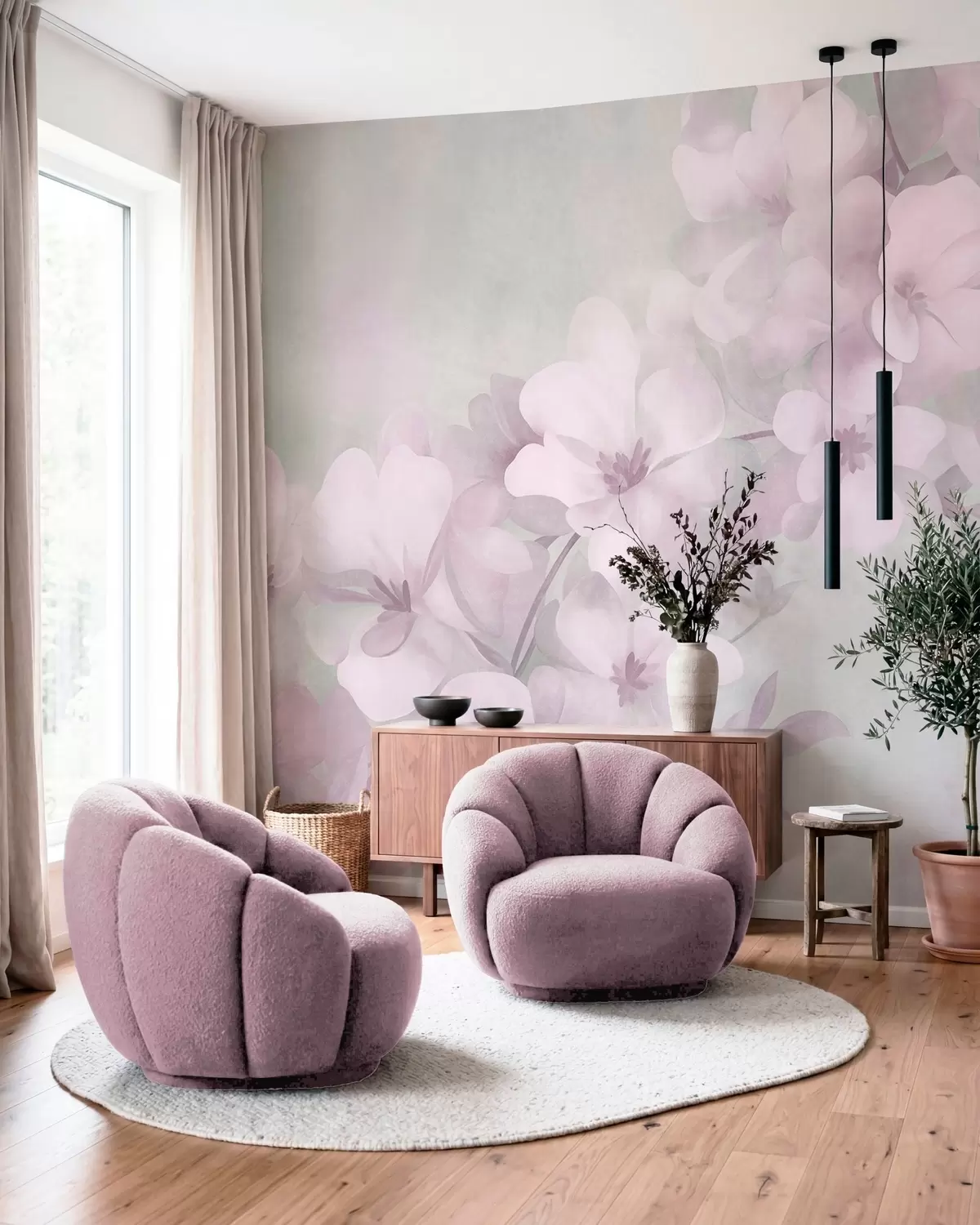 fototapet Flori albe pe o ramură, culori pastelate delicate, fundal texturat de un verde deschis w10107v1
