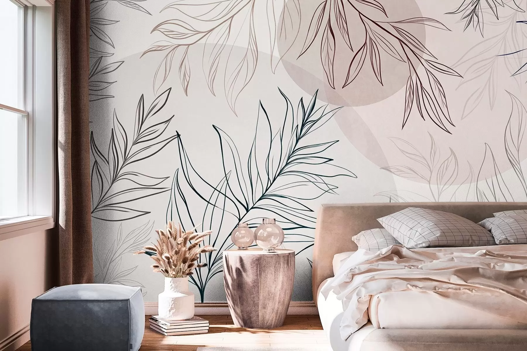 fototapet Desene minimaliste în stil line art reprezentând frunze și vegetație tropicală, forme circulare în culori pastelate w10111