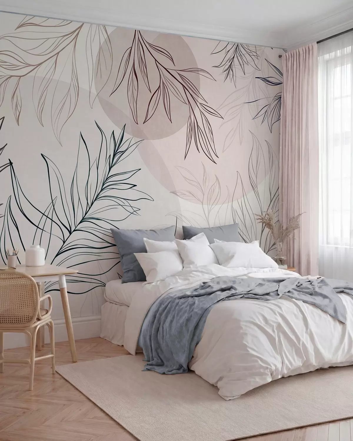 fototapet Desene minimaliste în stil line art reprezentând frunze și vegetație tropicală, forme circulare în culori pastelate w10111