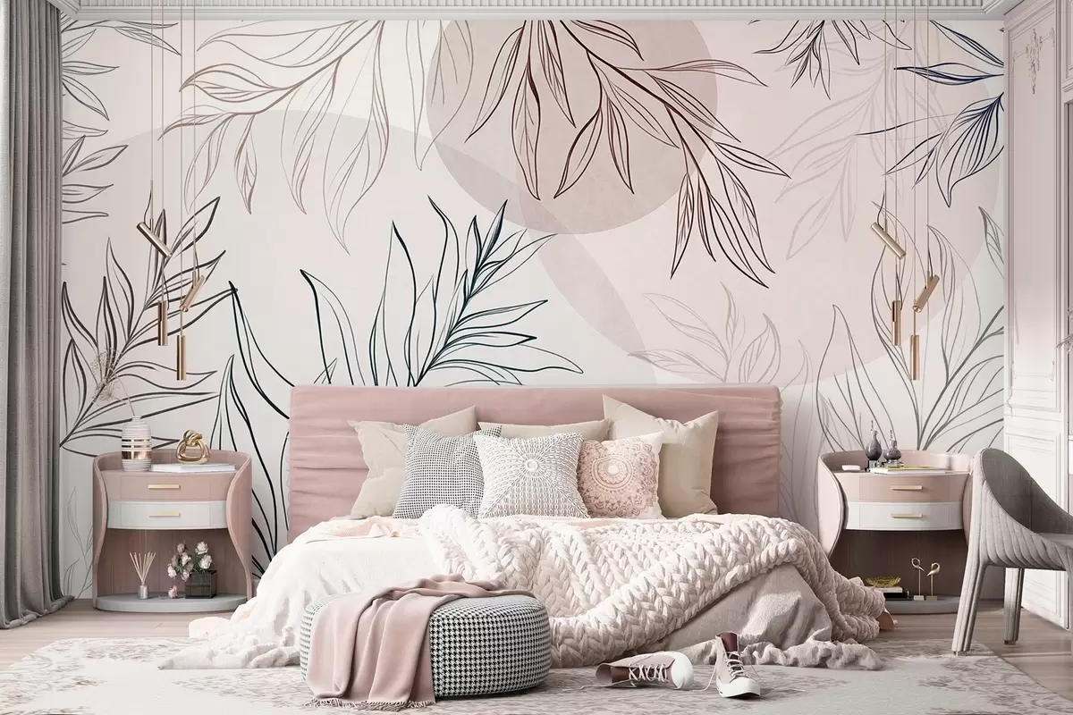 fototapet Desene minimaliste în stil line art reprezentând frunze și vegetație tropicală, forme circulare în culori pastelate w10111