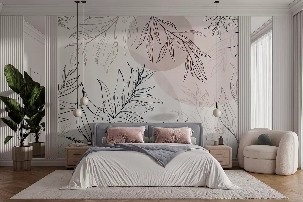 fototapet Desene minimaliste în stil line art reprezentând frunze și vegetație tropicală, forme circulare în culori pastelate w10111