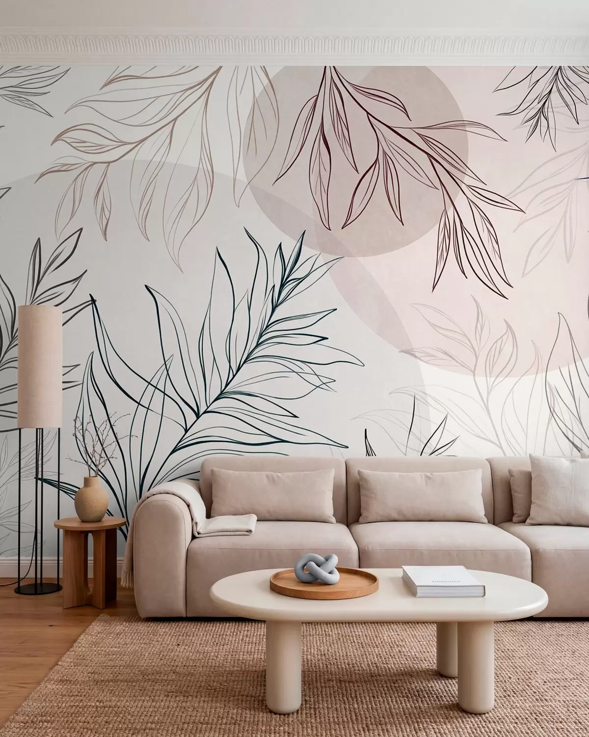 fototapet Desene minimaliste în stil line art reprezentând frunze și vegetație tropicală, forme circulare în culori pastelate w10111