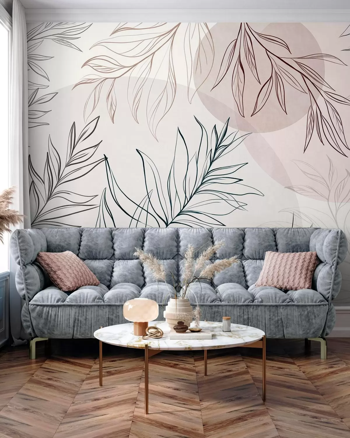 fototapet Desene minimaliste în stil line art reprezentând frunze și vegetație tropicală, forme circulare în culori pastelate w10111