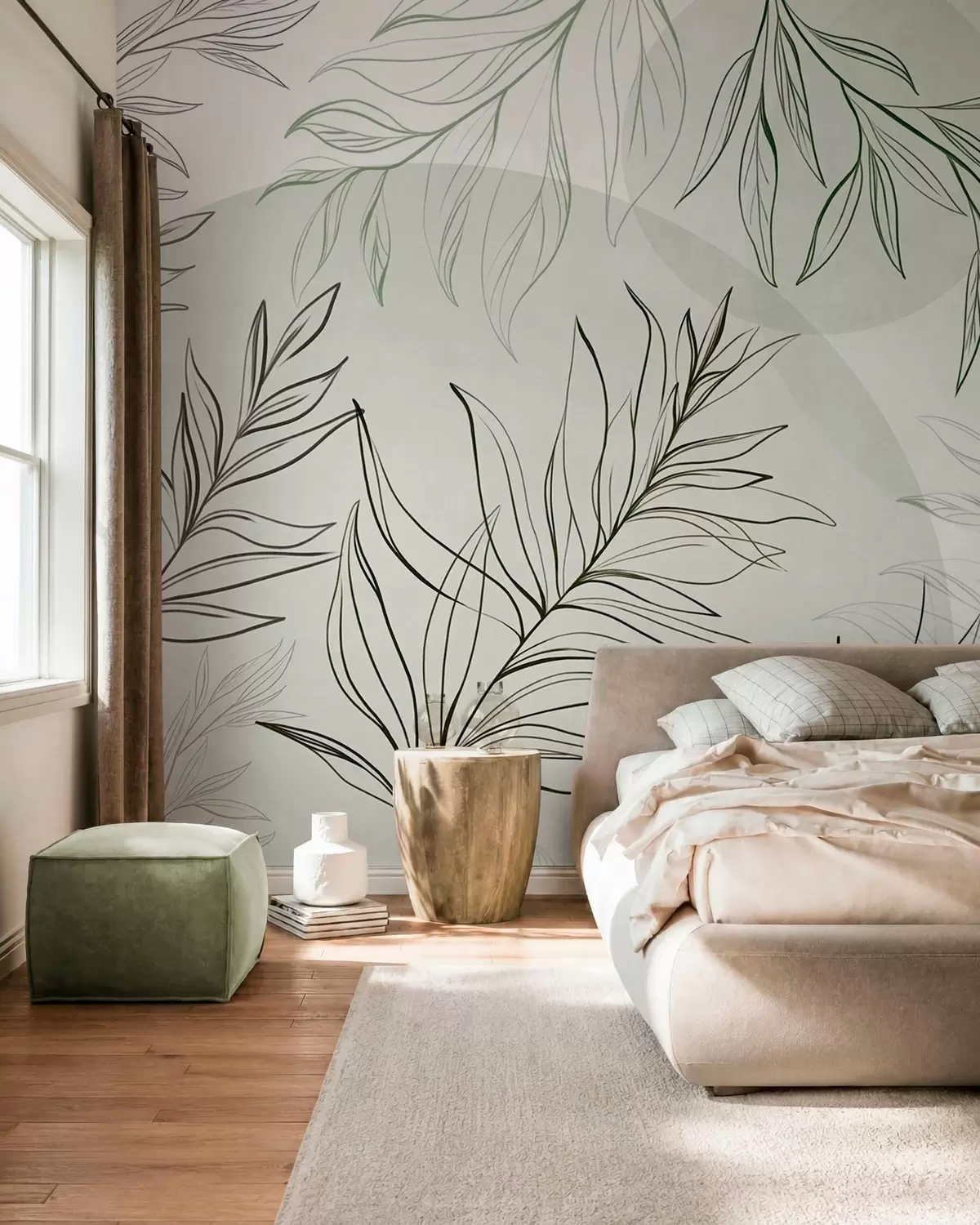 fototapet Desene minimaliste în stil line art reprezentând frunze și vegetație tropicală, forme circulare în culori pastelate w10111v2