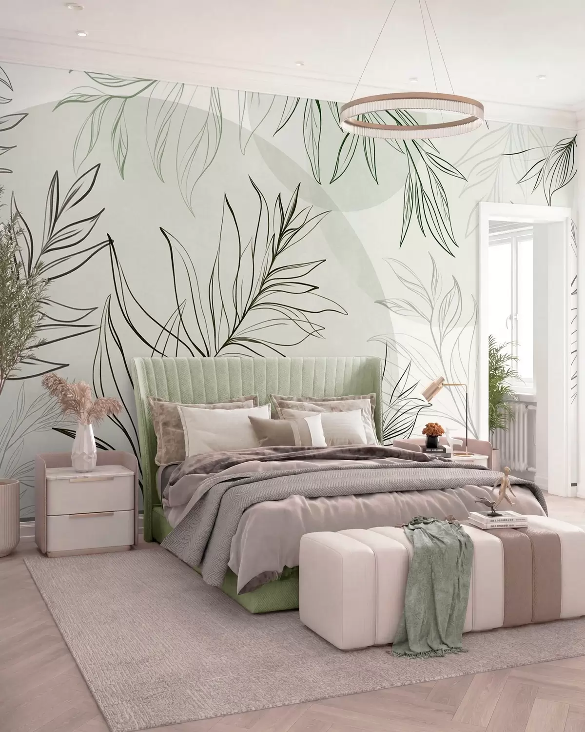 fototapet Desene minimaliste în stil line art reprezentând frunze și vegetație tropicală, forme circulare în culori pastelate w10111v2