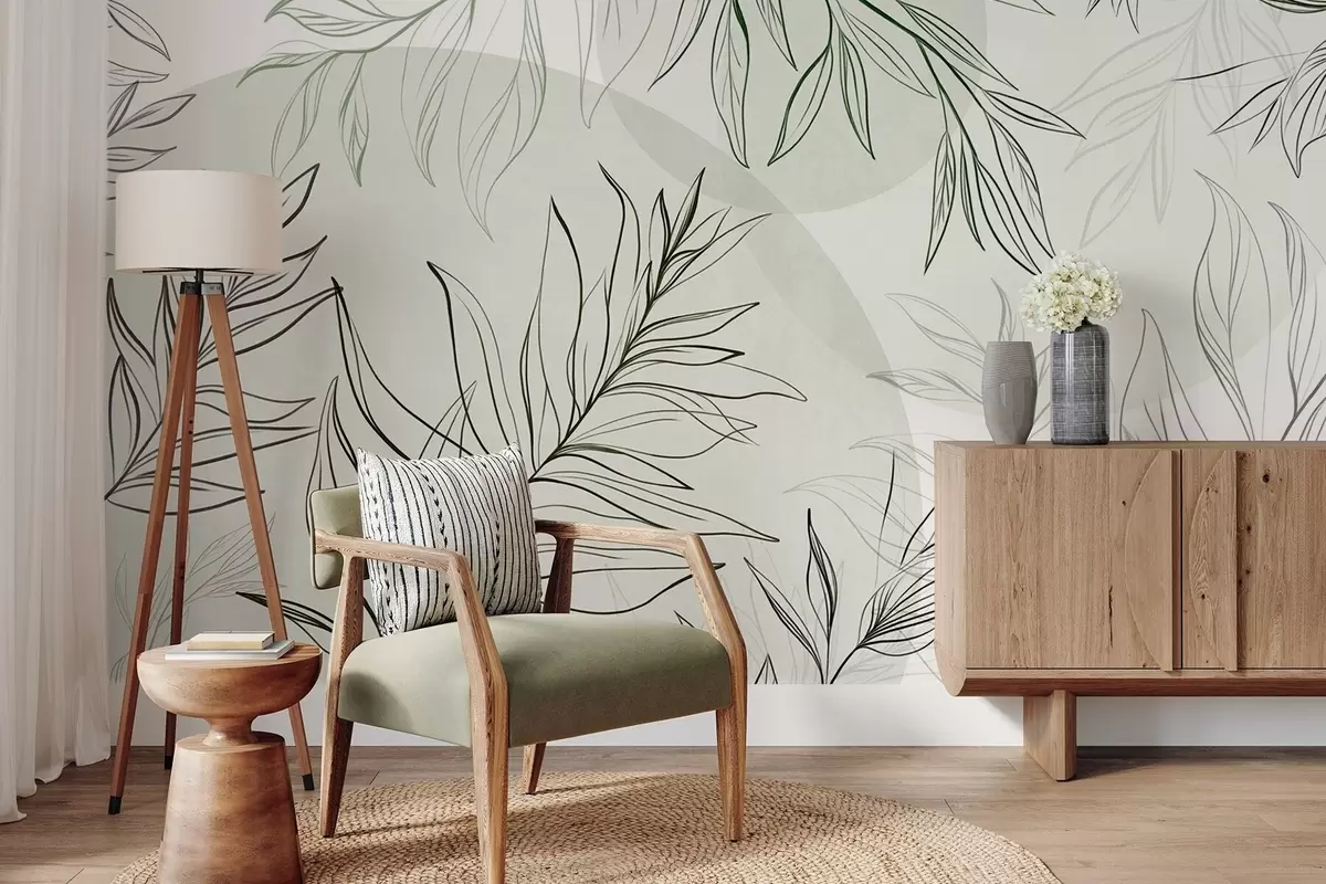 fototapet Desene minimaliste în stil line art reprezentând frunze și vegetație tropicală, forme circulare în culori pastelate w10111v2