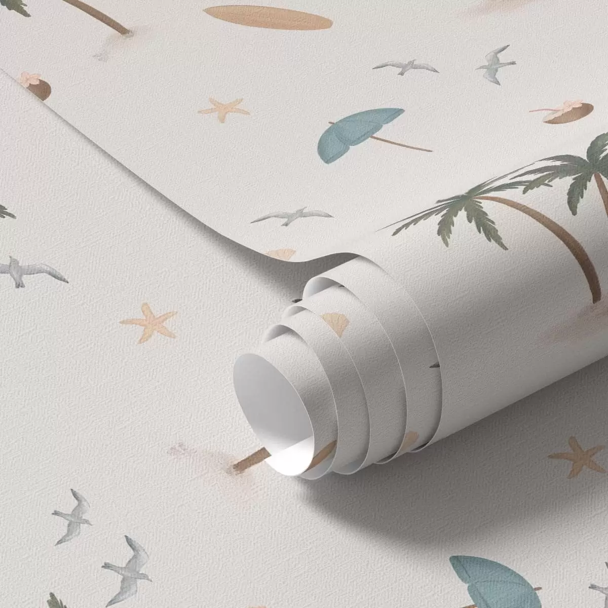 Wallpaper Palmieri tropicali, păsări și umbrele de plajă pe un fundal deschis a01280