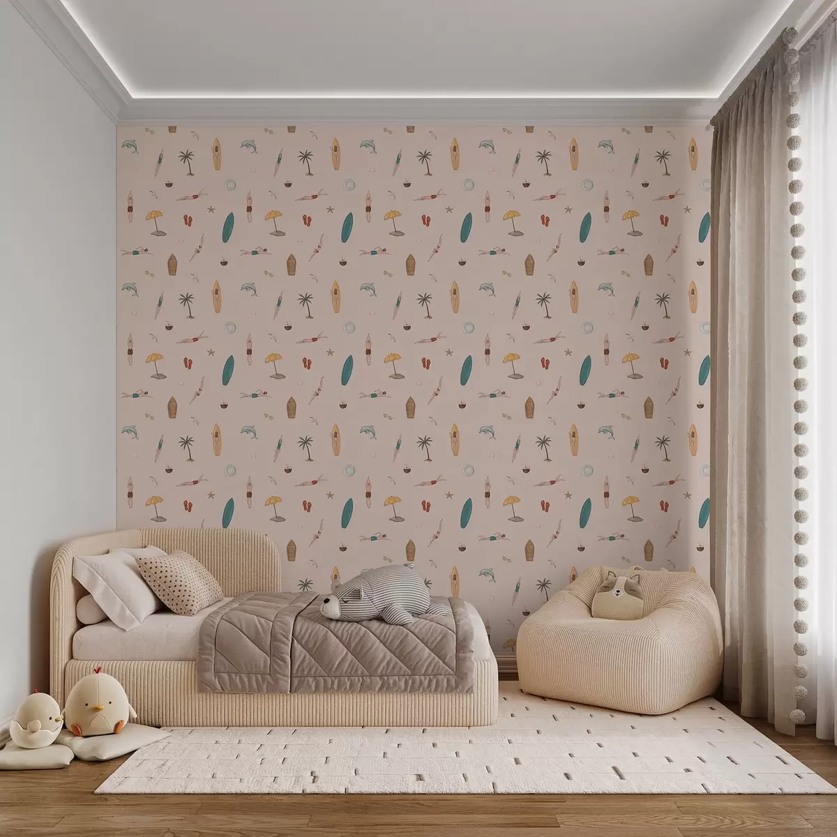 Wallpaper Înotători, un delfin, un palmier și o placă de surf pe un fundal bej a01275