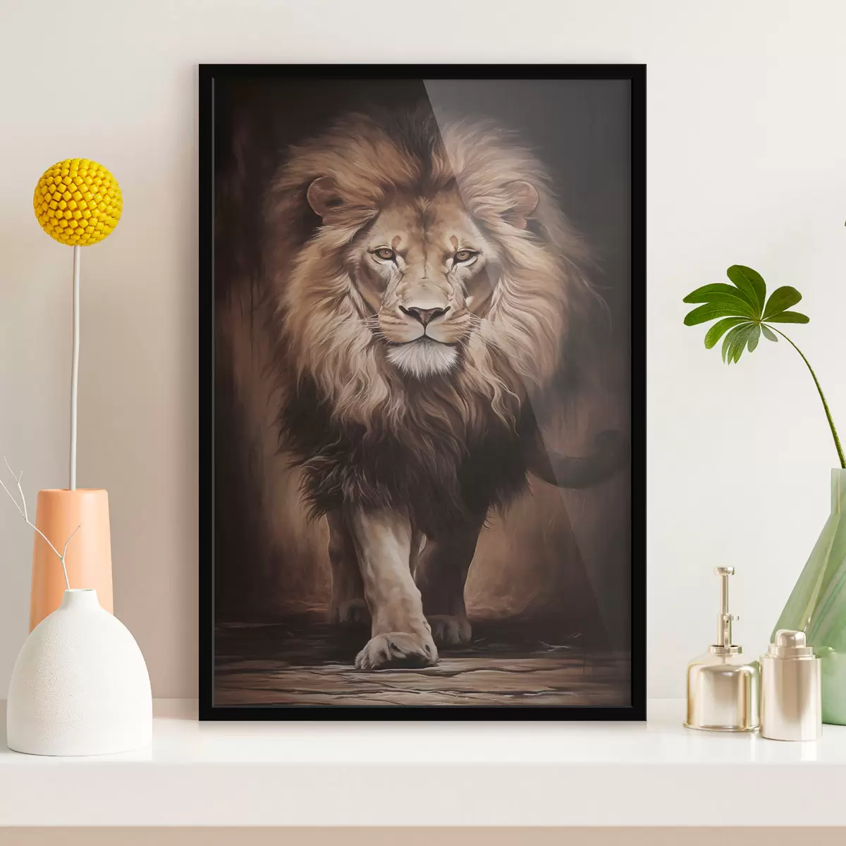 Poster Leu maiestuos într-un interior întunecat f51087