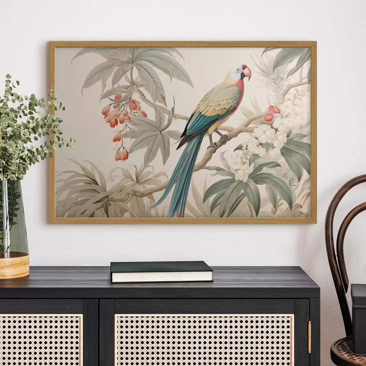 Poster Papagal tropical pe o ramură înflorită f51094