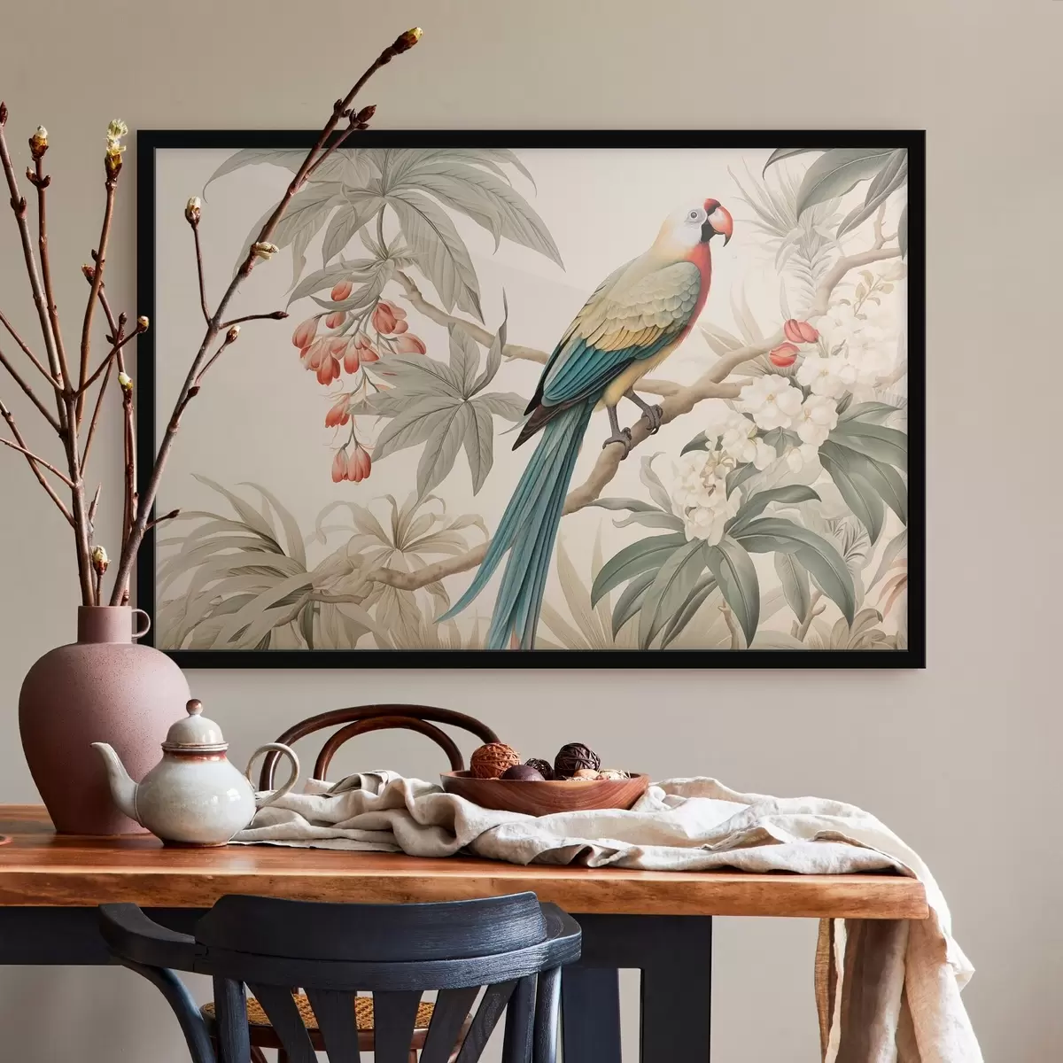 Poster Papagal tropical pe o ramură înflorită f51094