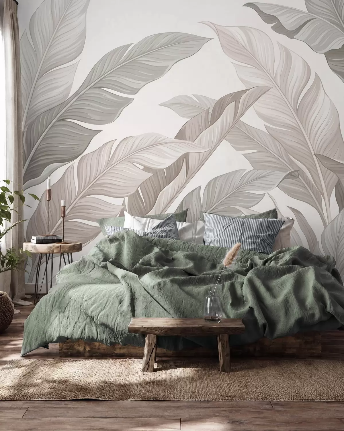 fototapet Frunze botanice delicate, în nuanțe naturale de bej și verde salvie w10089