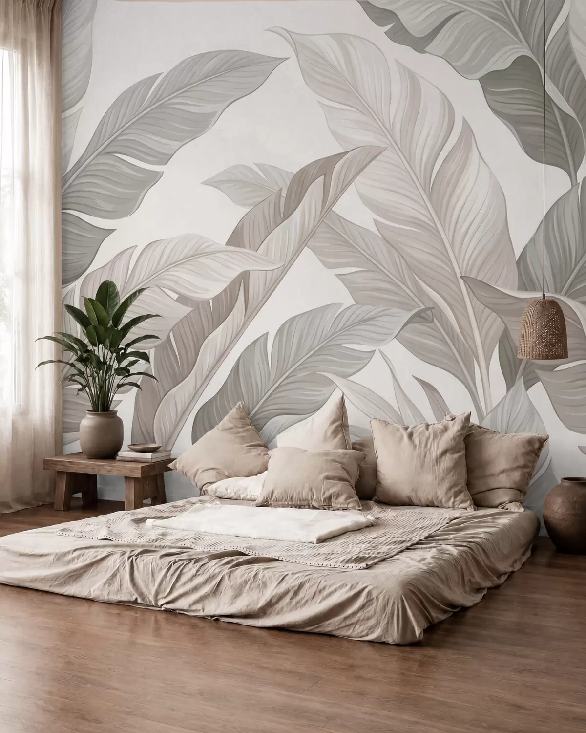fototapet Frunze botanice delicate, în nuanțe naturale de bej și verde salvie w10089