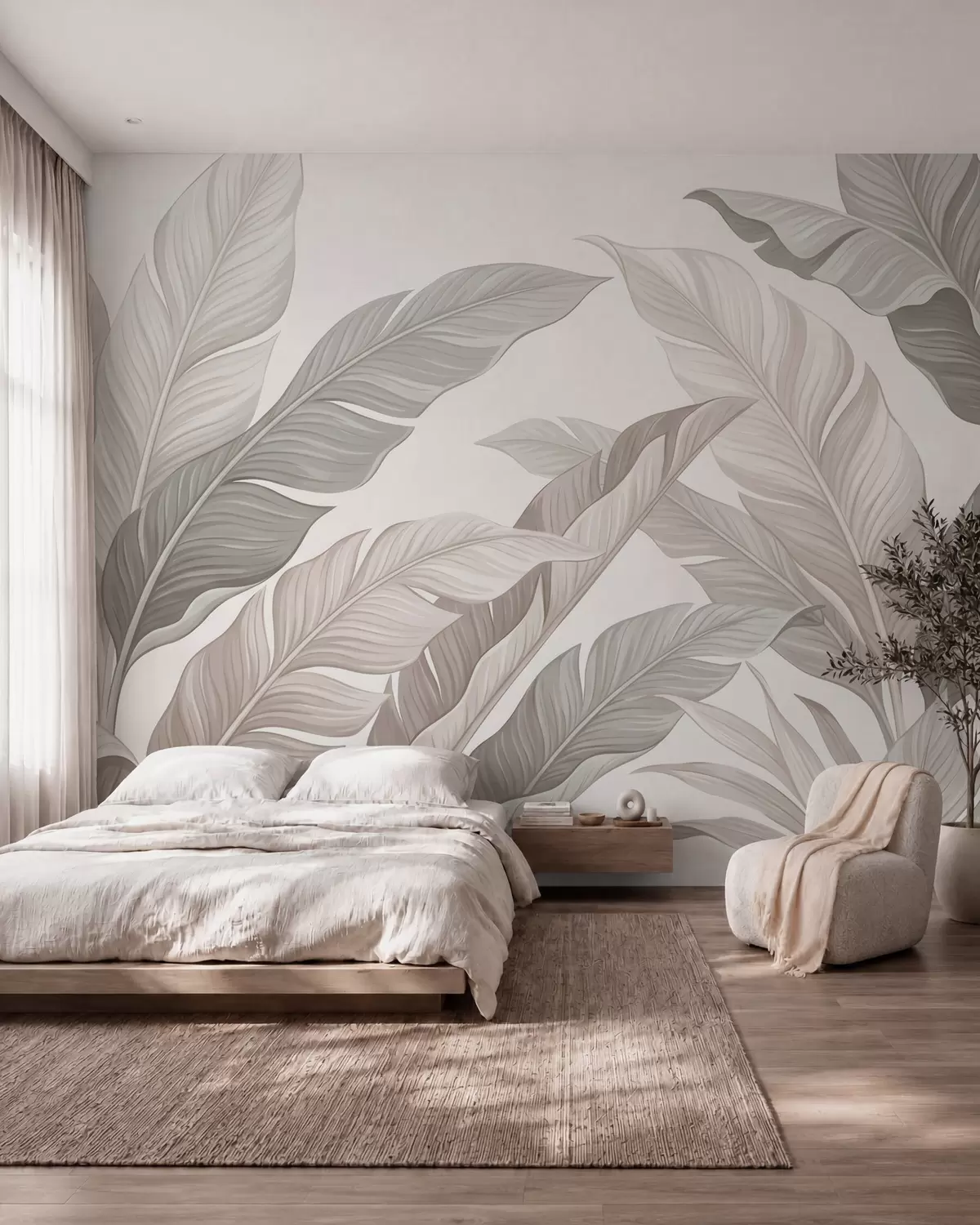 fototapet Frunze botanice delicate, în nuanțe naturale de bej și verde salvie w10089