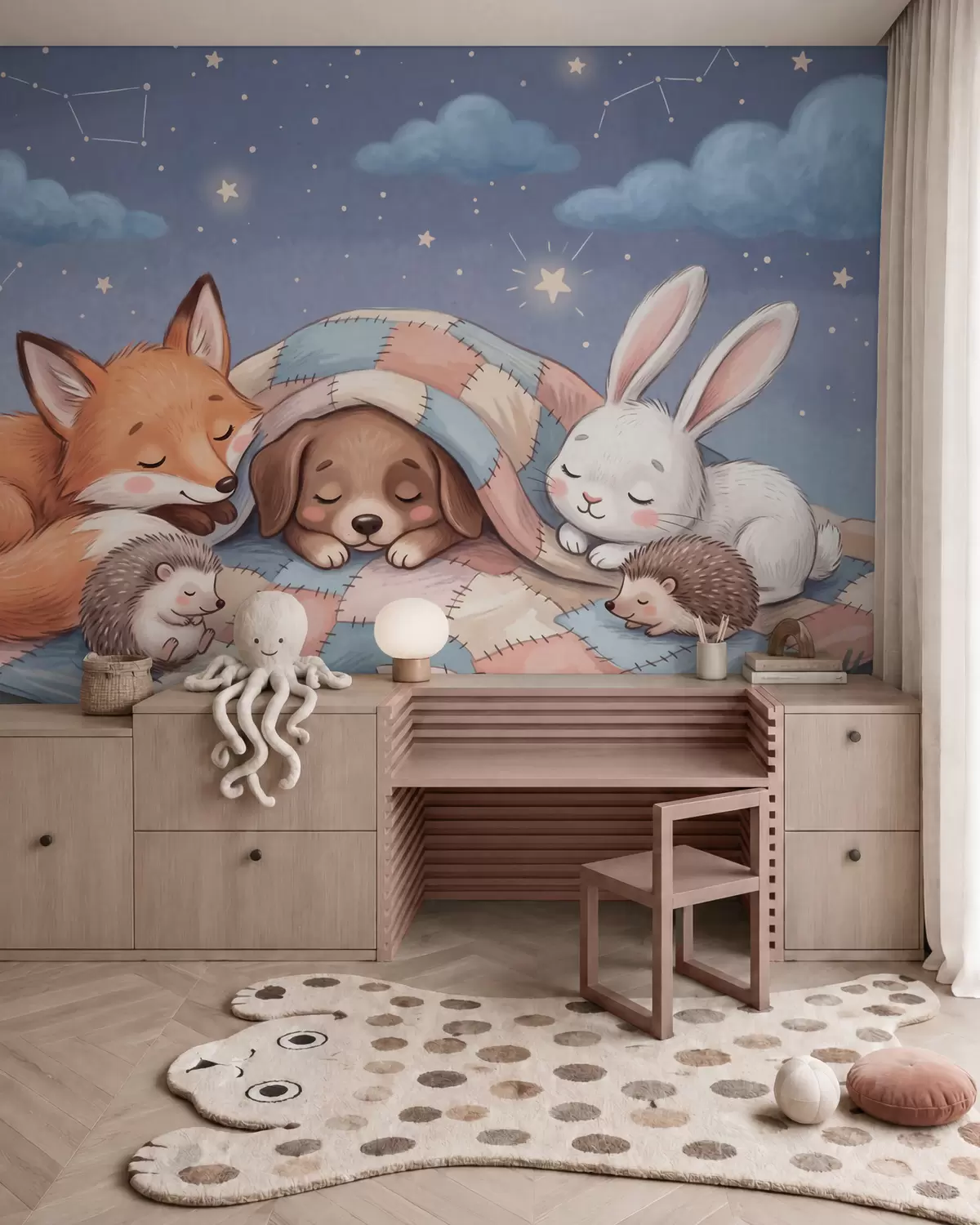 fototapet Animale de pădure pline de fantezie, care dorm sub un cer înstelat, pe o pătură confortabilă din bucăți asortate, într-o ilustrație fermecătoare realizată în acuarelă w10098