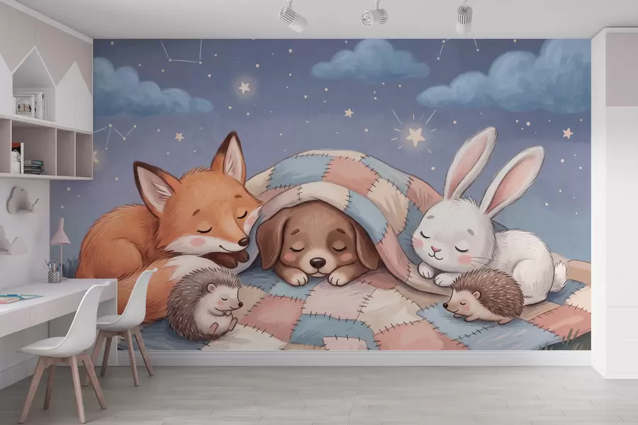 fototapet Animale de pădure pline de fantezie, care dorm sub un cer înstelat, pe o pătură confortabilă din bucăți asortate, într-o ilustrație fermecătoare realizată în acuarelă w10098