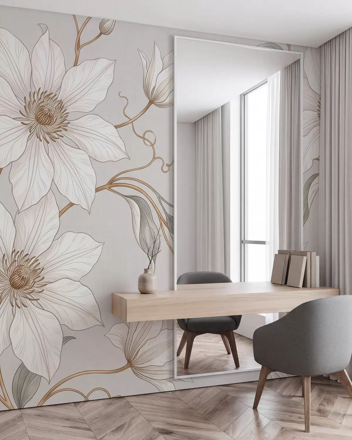 fototapet Flori botanice albe, elegante, cu ramuri delicate w10099
