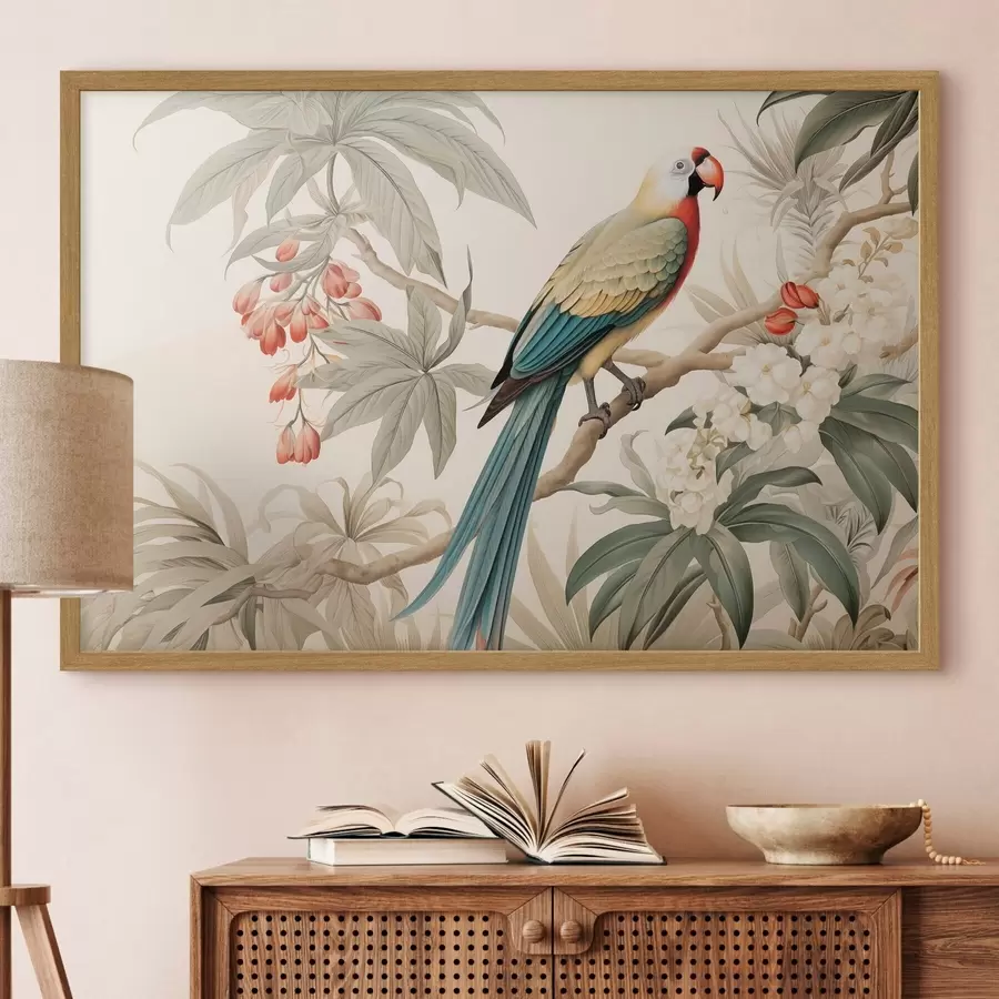 fototapet Papagal tropical pe o ramură înflorită f51094