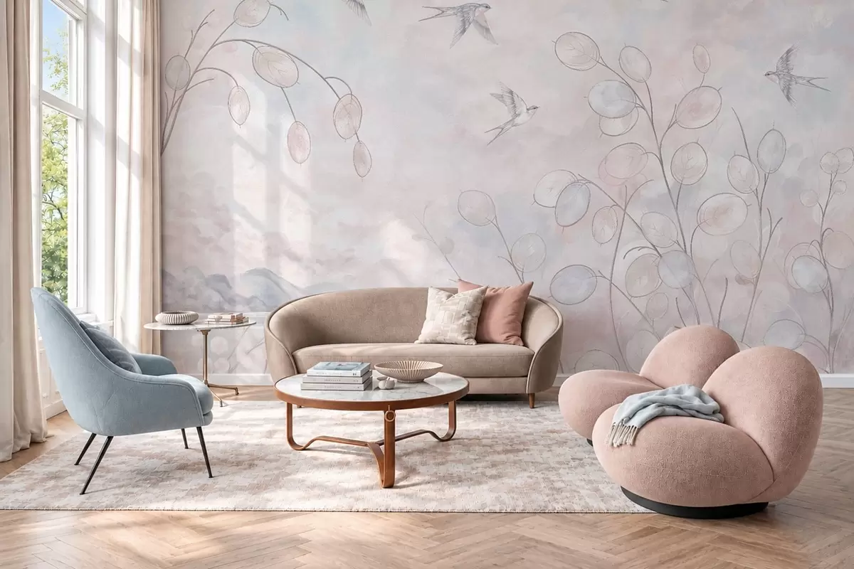 fototapet Rândunele și plante delicate în nuanțe pastelate w05892v1