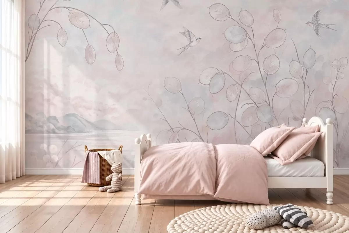 fototapet Rândunele și plante delicate în nuanțe pastelate w05892v1