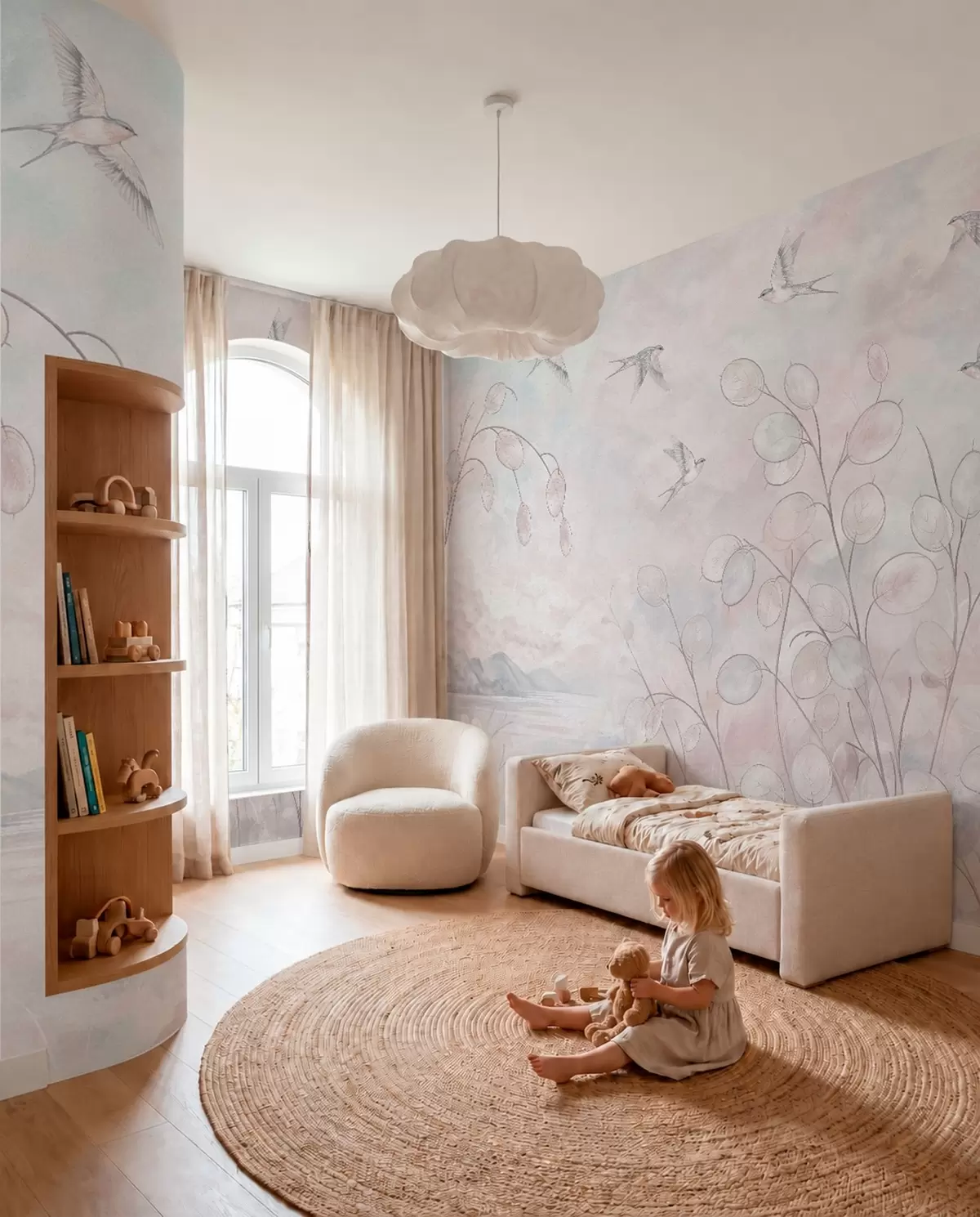fototapet Rândunele și plante delicate în nuanțe pastelate w05892v1
