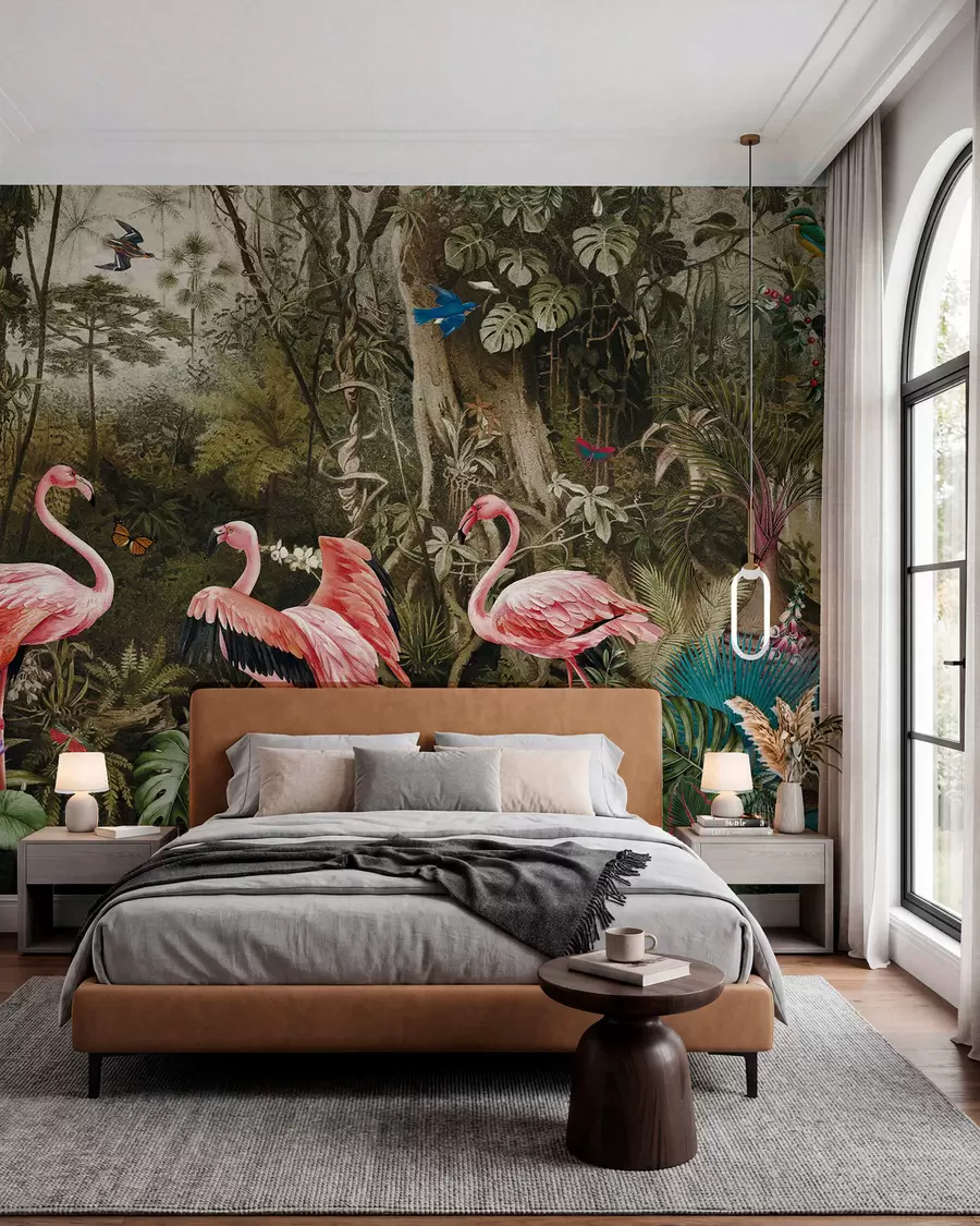 fototapet Păsări tropicale și flamingo în junglă u73568