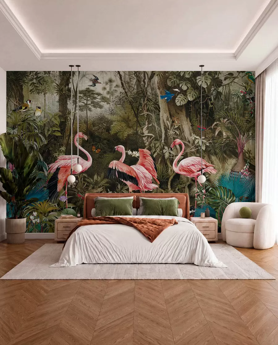fototapet Păsări tropicale și flamingo în junglă u73568
