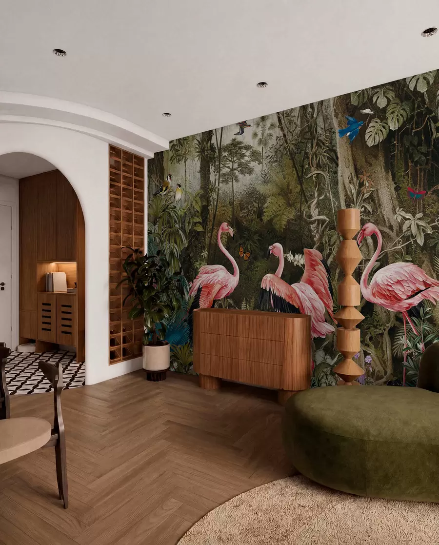 fototapet Păsări tropicale și flamingo în junglă u73568