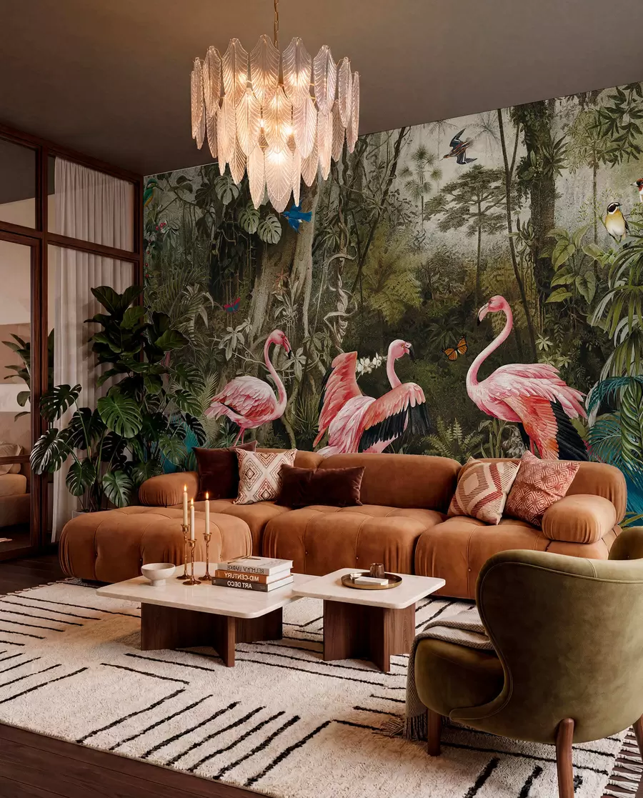 fototapet Păsări tropicale și flamingo în junglă u73568