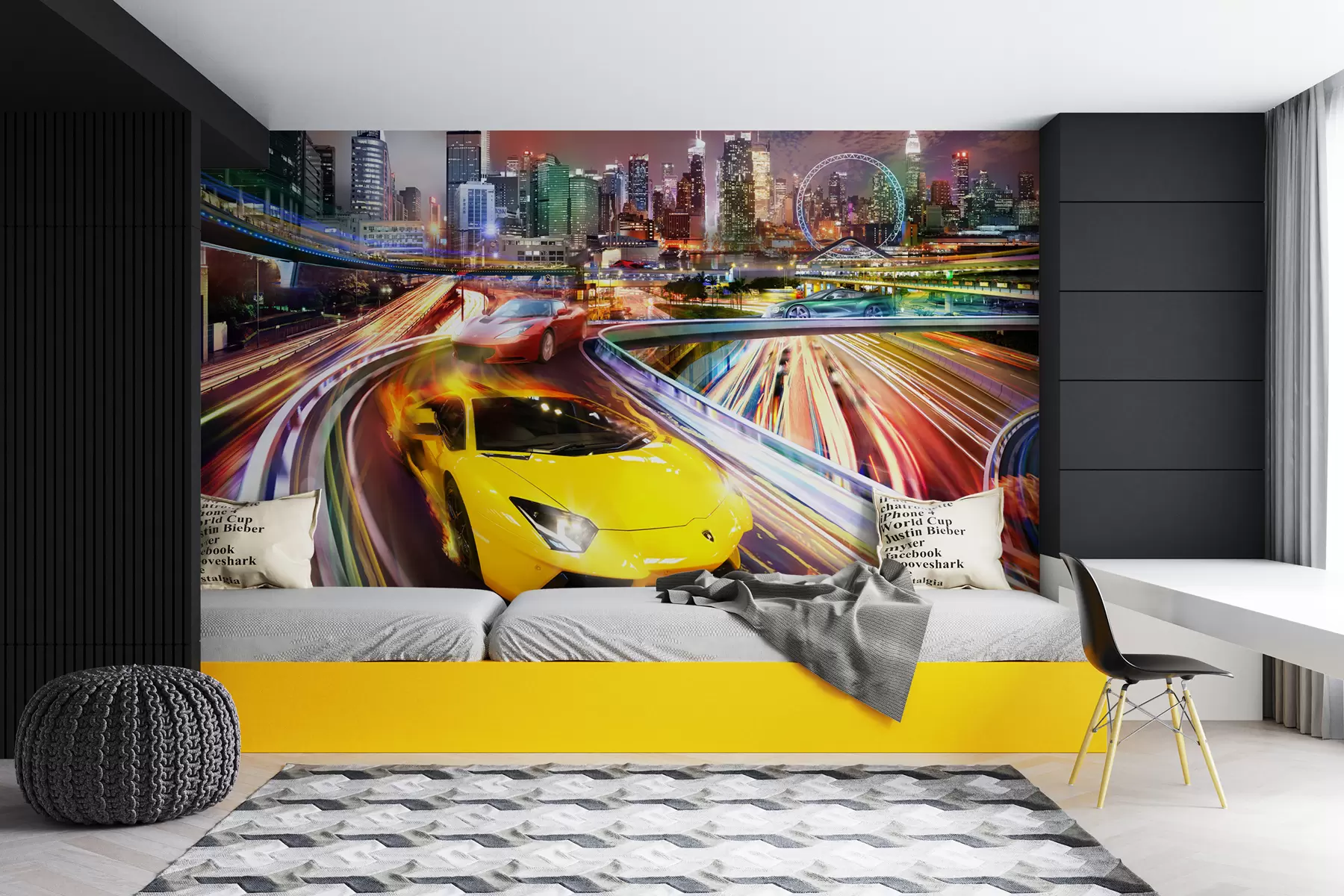 fototapet Anvelope, clădiri și cer u64341