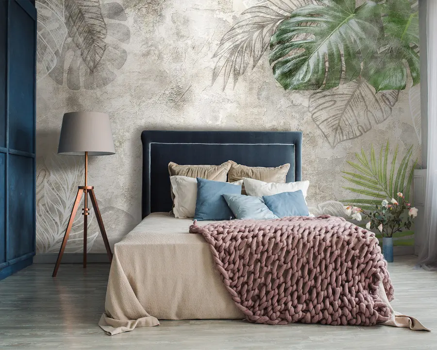 fototapet Frunze tropicale pe un perete îmbătrânit u93964