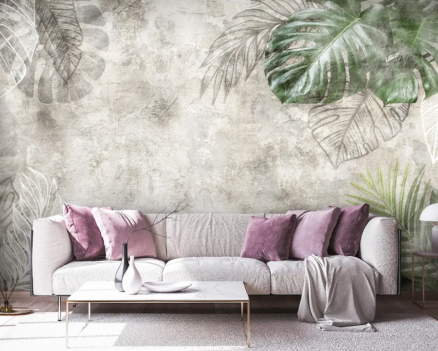 fototapet Frunze tropicale pe un perete îmbătrânit u93964